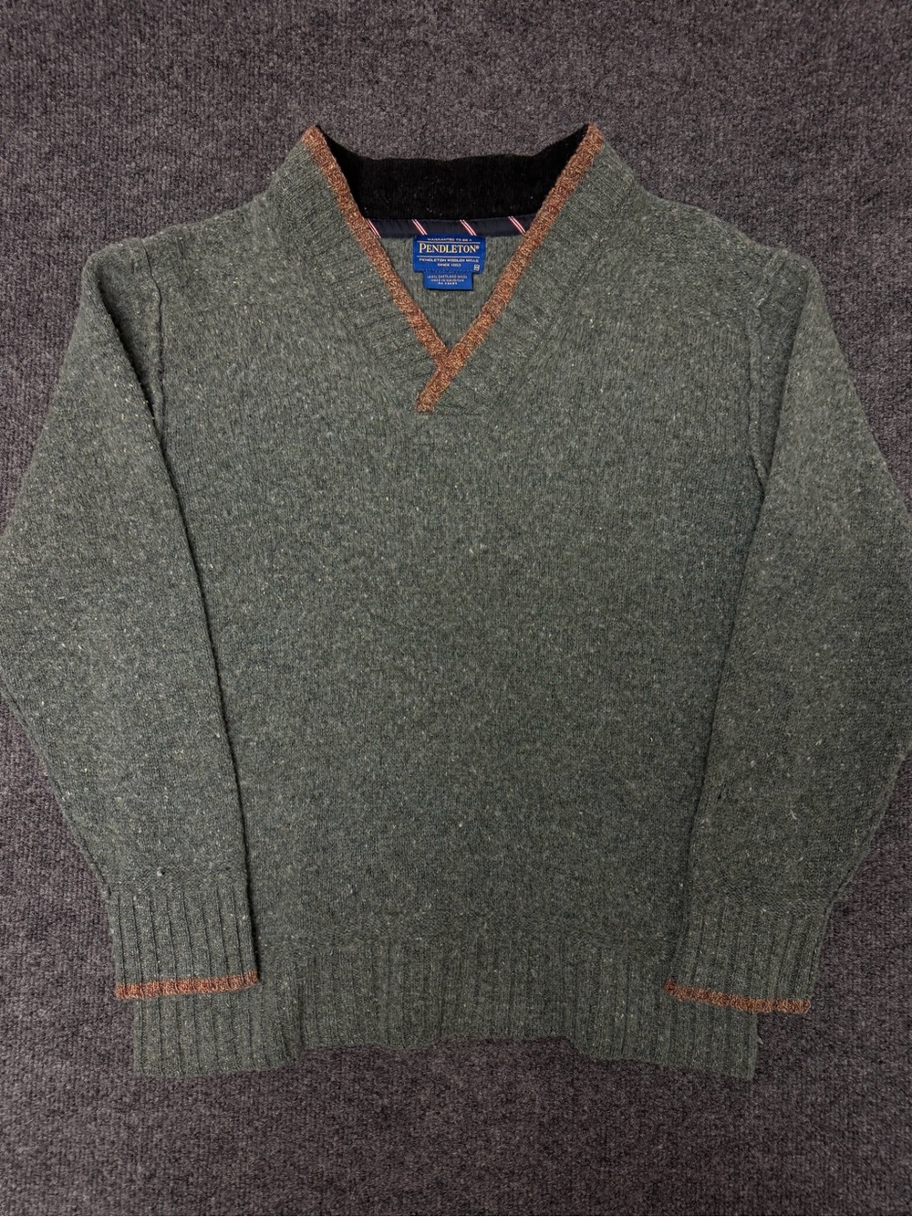 Pendleton Green V-Neck Wool Sweater with Brown Trim